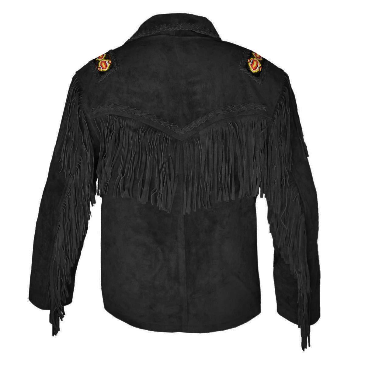 Men's Western Cowboy Suede Fringe Jacket With Beaded Details - Native American Style, Sizes XS To 5XL