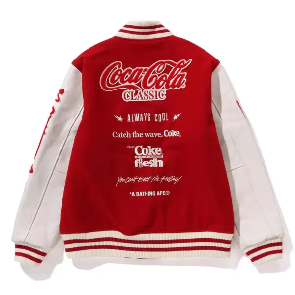 Red Bape Coca Cola Full-Snap Varsity Wool Leather Jacket