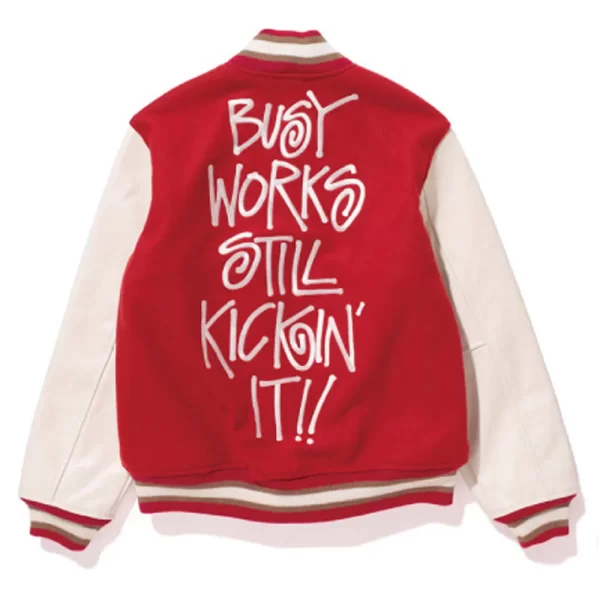 Red Bape Stussy Varsity Wool Leather Jacket