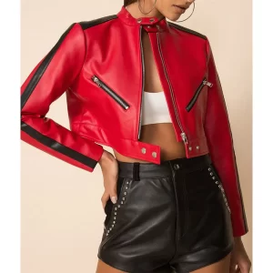 Thandi Cropped Racer Red Leather Jacket