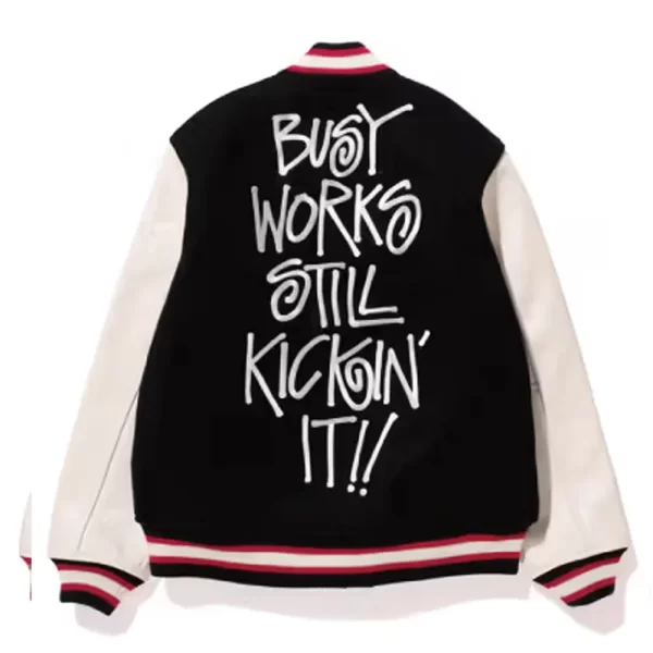 White & Black Bape Stussy Varsity Wool Leather Jacket