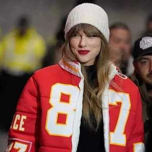 87 Taylor Swift Travis Kelce Red Puffer Jacket