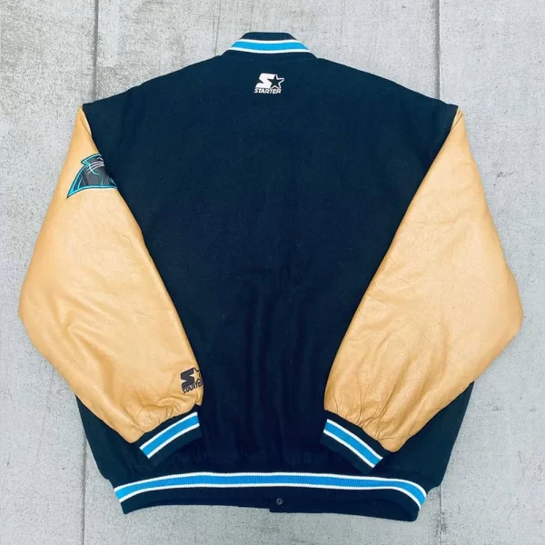 90’s Carolina Panthers Navy and Beige Wool Leather Varsity Jacket