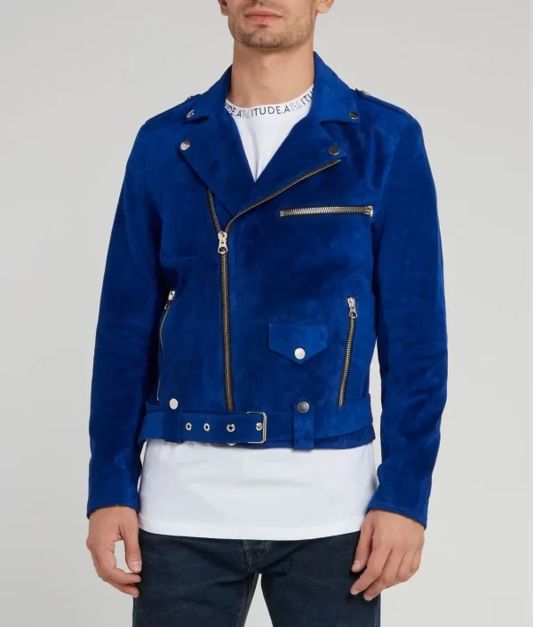 Attitude Biker Blue Suede Leather Jacket