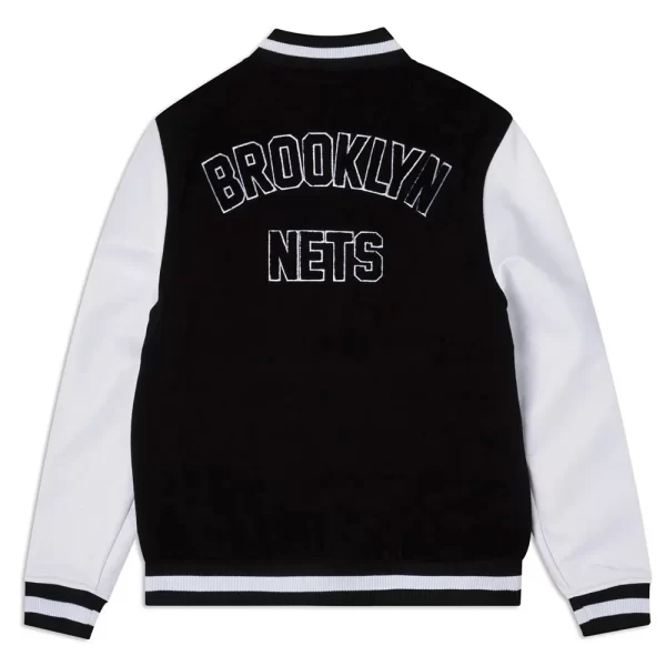 Brooklyn Nets Black & White Wool Leather Varsity Jacket