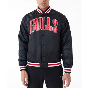 Chicago Bulls Applique Black Bomber Satin Jacket