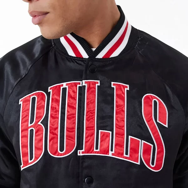 Chicago Bulls Applique Bomber Black Satin Jacket