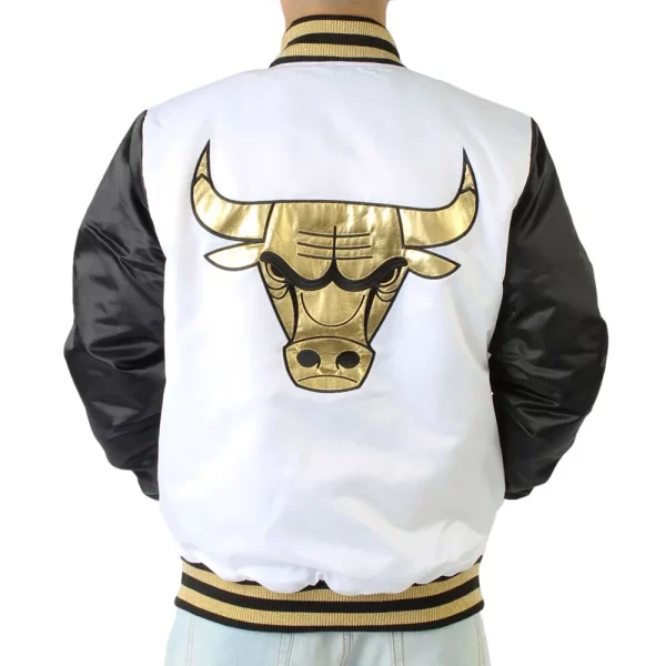 Chicago Bulls Gold Patches Black and White Varsity Satin Jacket