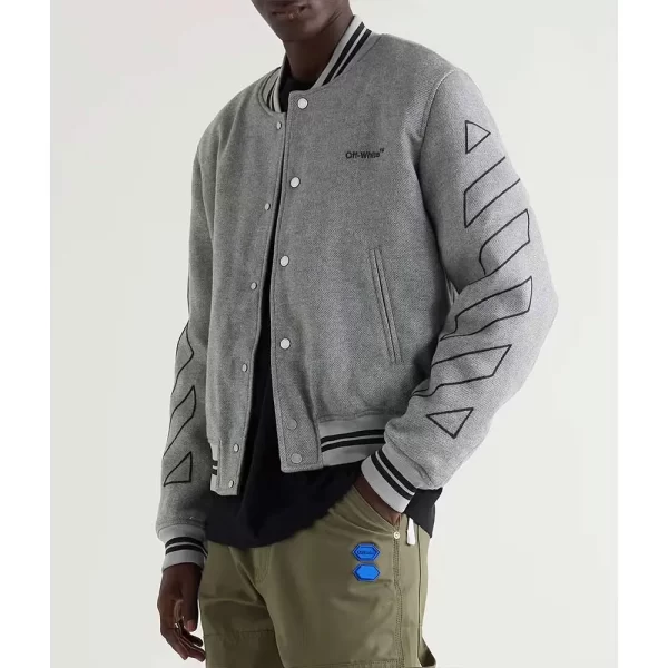 Grey Off White Full-Snap Wool Varsity Jacket