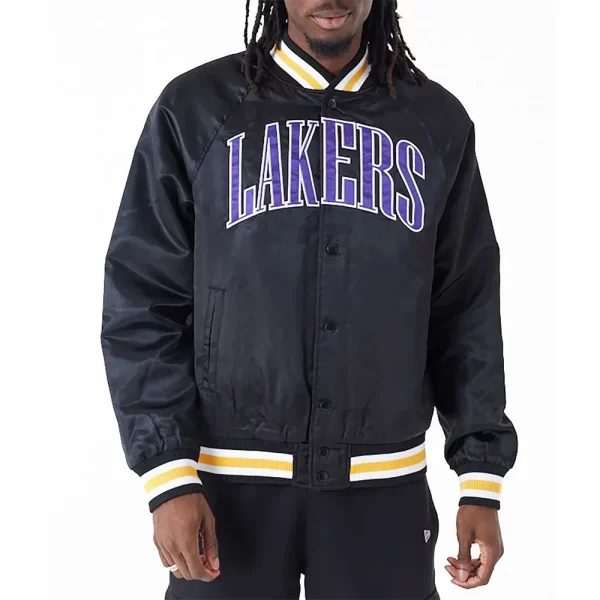 LA Lakers Applique Black Bomber Satin Jacket