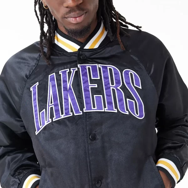 LA Lakers Applique Bomber Black Satin Jacket