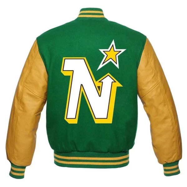 NHL Minnesota North Stars Green and Gold Varsity Wool Leather Jacket