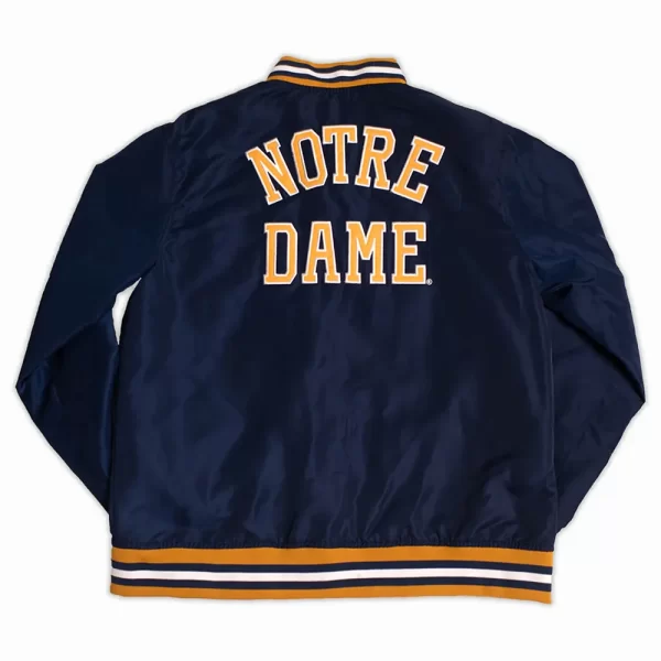 Navy Script Notre Dame Monogram Bomber Satin Jacket