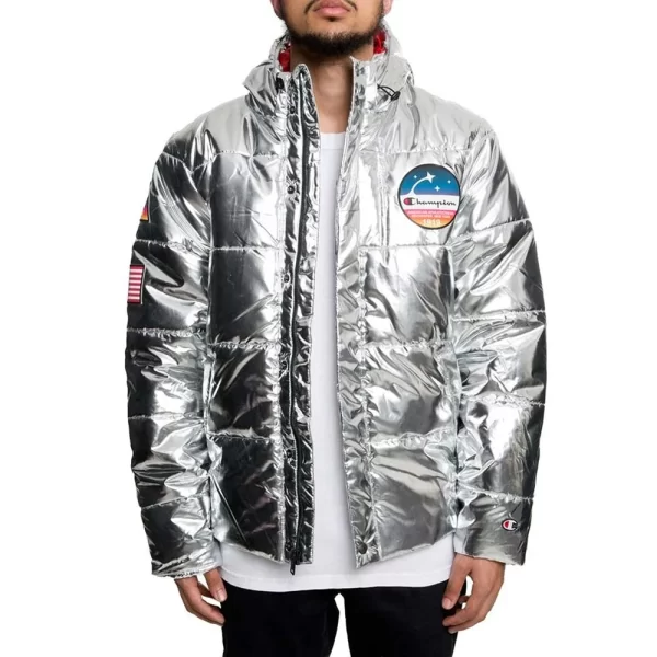 Patches Metallic Champion Hooded Puffer Jacket