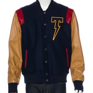 Tackma Bomber Blue And Brown Leather Jacket