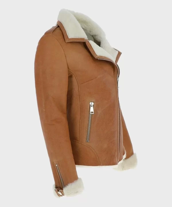 Women’s Asymmetrical Sheepskin Tan Brown Shearling Leather Jacket