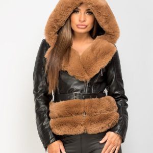 Womens Pu Pvc Winter Coat Faux Vegan Leather Fur Hooded Biker Jacket