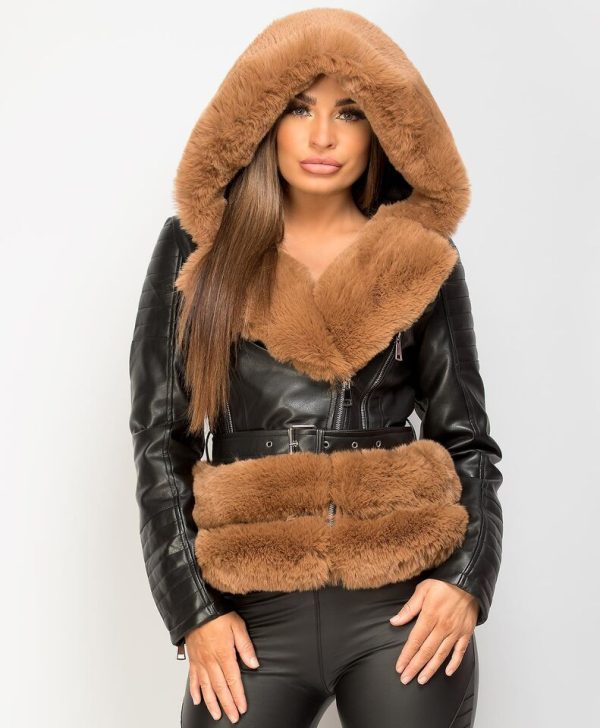 Womens Pu Pvc Winter Coat Faux Vegan Leather Fur Hooded Biker Jacket