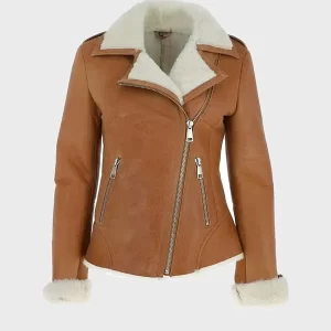 Womens Tan Brown Shearling Shearling Leather Jacket