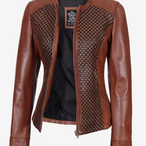 Womens Textured Leather Biker Brown Jacket