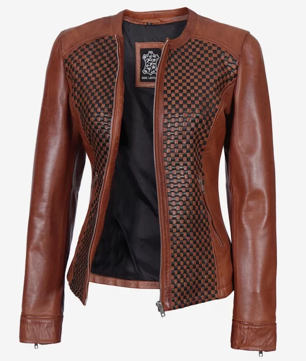 Womens Textured Leather Biker Brown Jacket