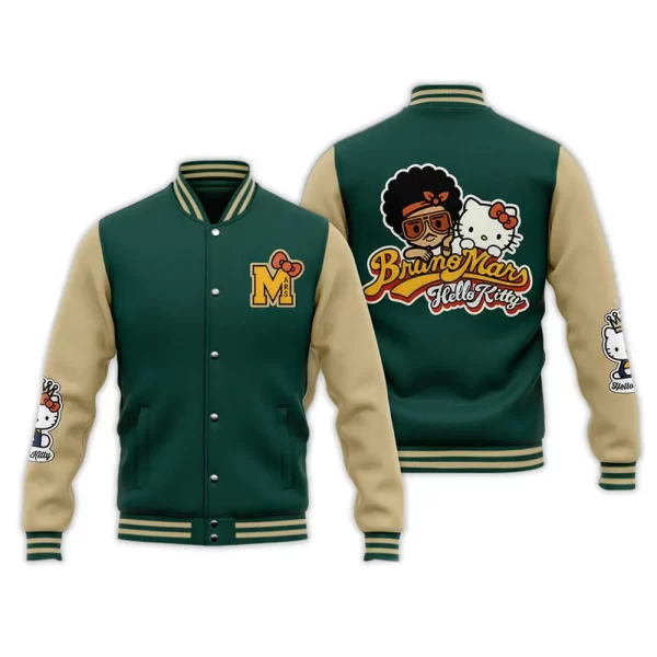 Bruno Mars Hello Kitty Green and Beige Varsity Wool Jacket