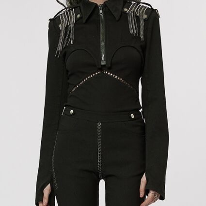 Elastic Lapel Open Chest Built-In Shoulder Pads Detachable Punk Style Handsome Black Jacket