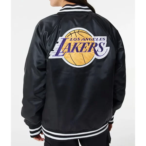 LA Lakers NBA Full-Snap Varsity Black Satin Bomber Jacket