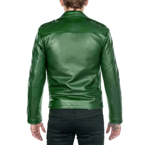 Men’s Shinny Green Leather Biker Asymmetrical Zipper Jacket