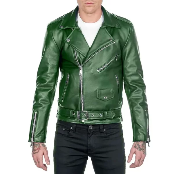 Men’s Shinny Green Leather Biker Jacket