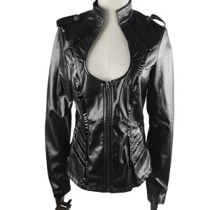 Punk Gothic Low-cut Sexy Thin Military Uniform Black Leather Jacket