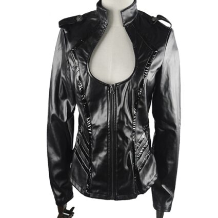 Punk Gothic Low-cut Sexy Thin Military Uniform Black Leather Jacket