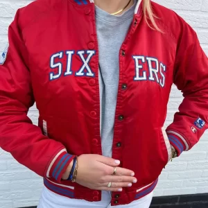 Red Philadelphia 76ers Bomber Satin Jacket