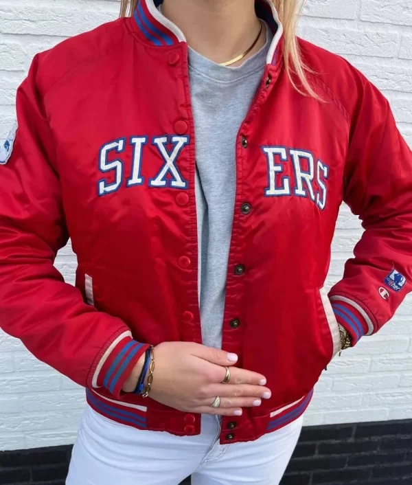 Red Philadelphia 76ers Bomber Satin Jacket