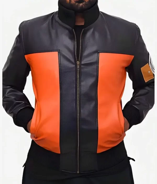 Shippuden Uzumaki Naruto Black & Orange Leather Bomber Jacket