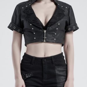 Stand-Up Collar Meat Rivet Decoration Punk Short Little Black Jacket