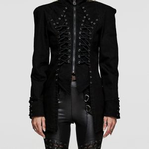 Stretch Slim Stand Collar Eyelet Rope Zipper Punk Denim Long Sleeve Jacket