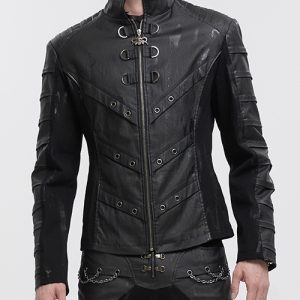 Technical Stand Collar Stretch Faux Leather Black Jacket