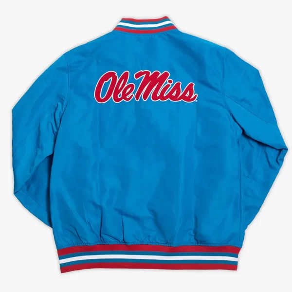 Vintage Script Ole Miss Blue Satin Bomber Jacket