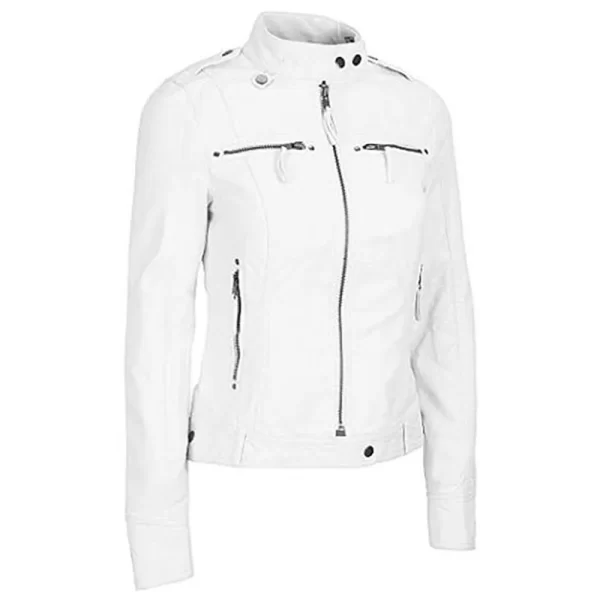 White Zipper Pockets Leather Jacket