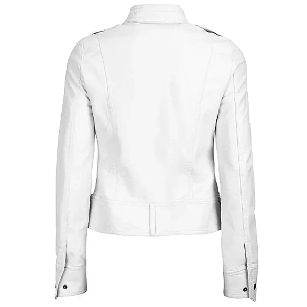 White Zipper Pockets Snap-Tab Collar Leather Jacket