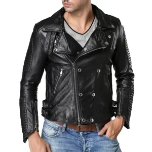 Men’s Padded Double Breasted Black Leather Jacket