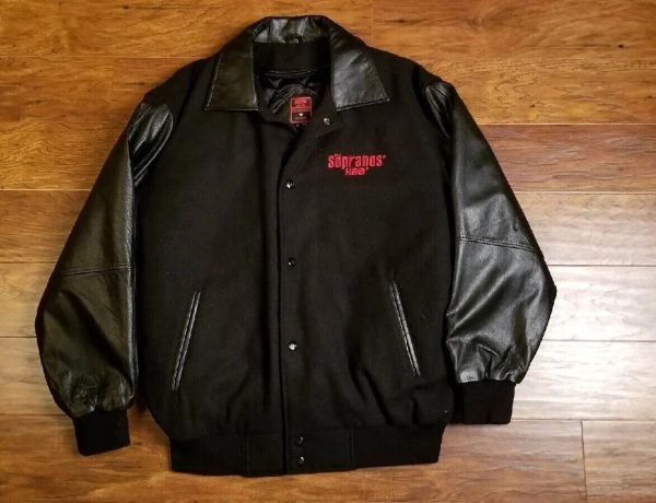 Vintage Sopranos Bomber Varsity Black Leather Wool Jacket