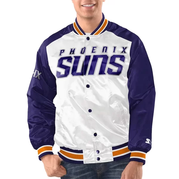 White & Purple Phoenix Suns Renegade Varsity Satin Jacket