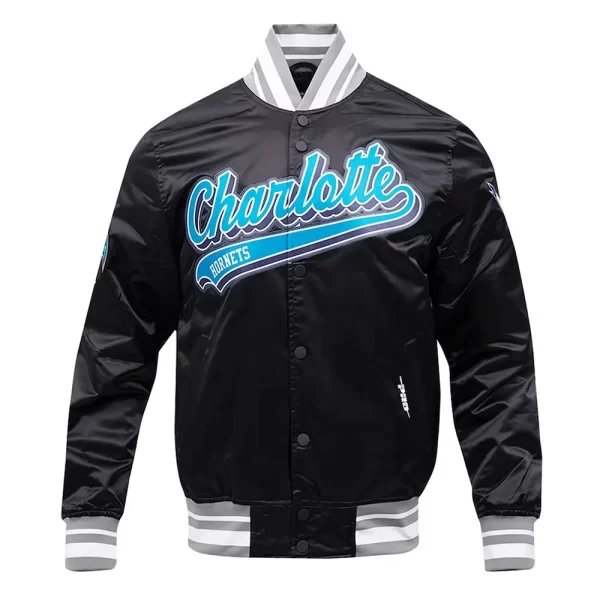 Charlotte Hornets Script Tail Black Varsity Satin Jacket