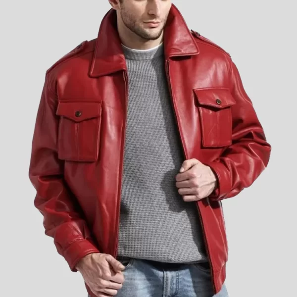 Men's Fashion Real Red Leather Bomber Jacket