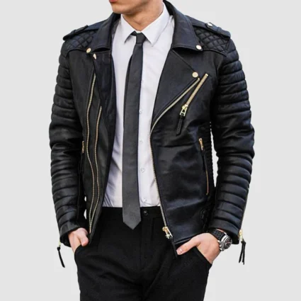 Mens Quilted Leather Biker Black Jacket