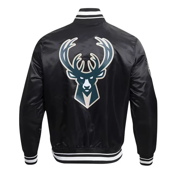 Milwaukee Bucks Script Tail Black Varsity Satin Jacket