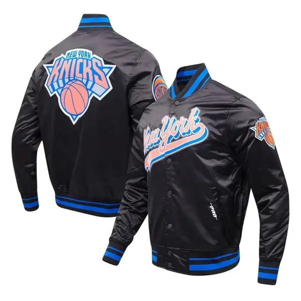 NY Knicks Script Tail Black Satin Jackets