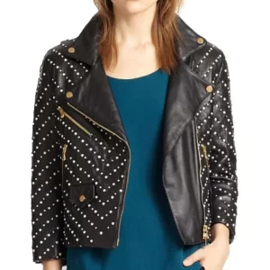 Women Leather Black Studded Double Zipper Jacket